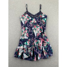 VTG 90s Y2K Floral Satin Slip Dress S Navy Blue Pink Ruffle Lace Fairy Coquette