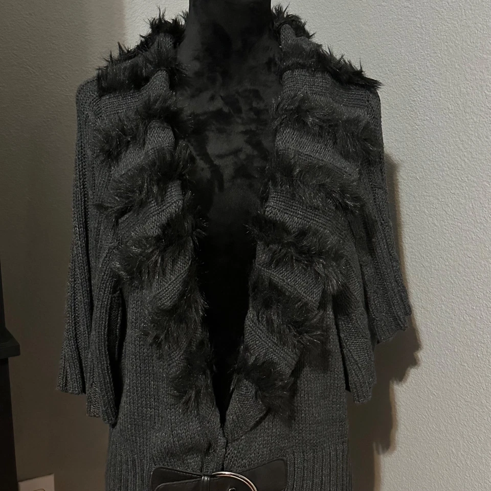 Women’s Shrug Cardigan XL Black Knit Faux Fur Trim Belted Front Closure Sweater - Image 2 of 4