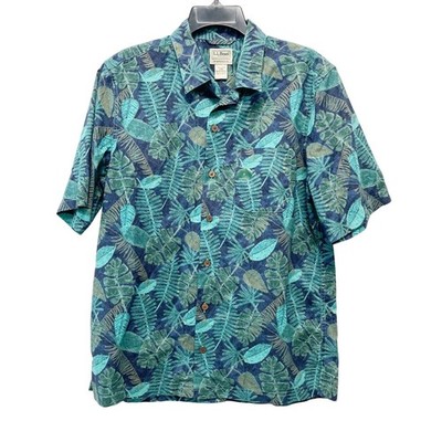 L.L. Bean Men's Tropics Shirt Short Sleeve Print Carbon Navy Blue Tropical Small