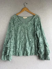 Solitaire Blouse Womens XL Turquiose Floral Lace Overlay Ruffle Layered Boho