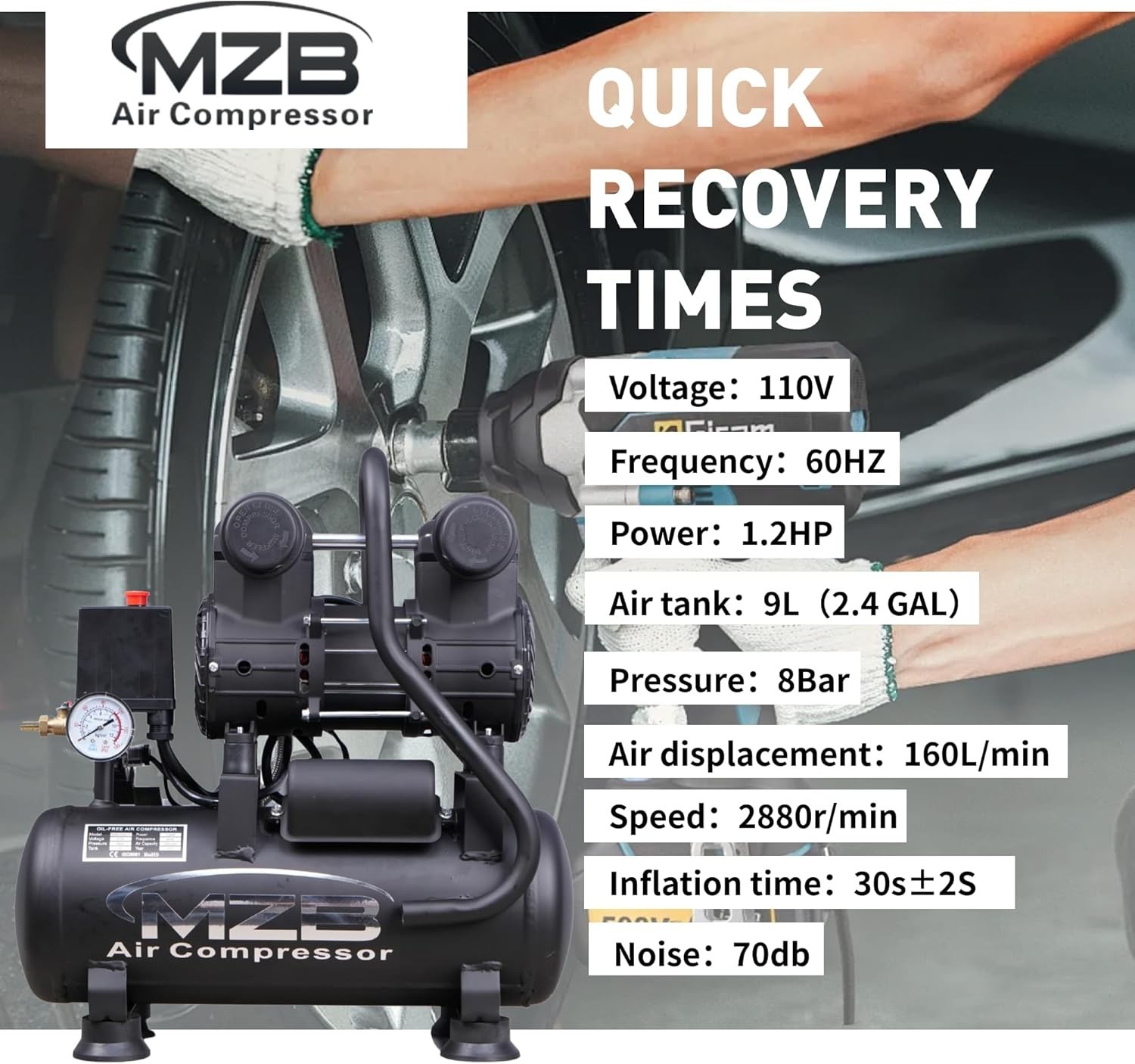 2.4 Gallon Ultra Quiet Air Compressor 110V/60Hz 1.0HP 5.65CFM,70dB Noise Level