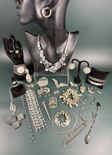 Vintage Estate Silver Tone Costume Jewelry Lot Statement Necklace Bracelets, Etc