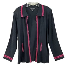 Ming Wang Cardigan Sz XL Black Knit Jacket Hot Pink Trim Studded Accent Classic