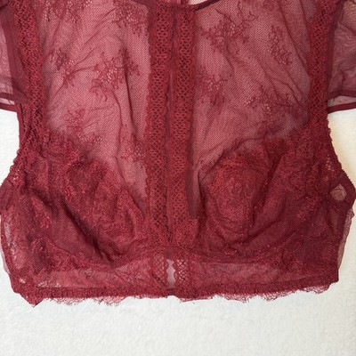 Victoria's Secret Burgundy Lace Sheer Cropped Top Large very sexy Lingerie Bra