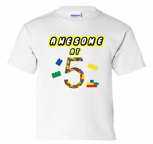 Awesome at 5, 5th Birthday Boy Girl Shirt Building Block Construction T-Shirt - Picture 3 of 8