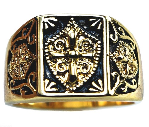 Knights Templar Crusader Crest Shield Mens ring 18K gold overlay Size 9 T32 - Picture 2 of 2