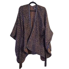 Cejon OSFM Leopard Tie Front Elastic Waist Wrap Poncho Faux Leather Trim Mobwife