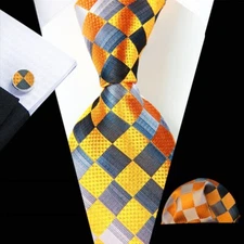 Classic Checks Plaids Yellow Black Silk Men's Tie Necktie Hanky Cufflink Set