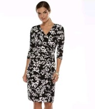 Chaps Faux Wrap Dress Black White Knee Length Floral Ruched 3/4 Sleeve Size XL
