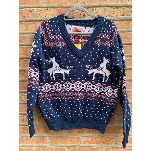 Tispy Elves Women's Reindeer Climax Ugly Christmas Sweater V-Neck NWOT Large - product listing photo