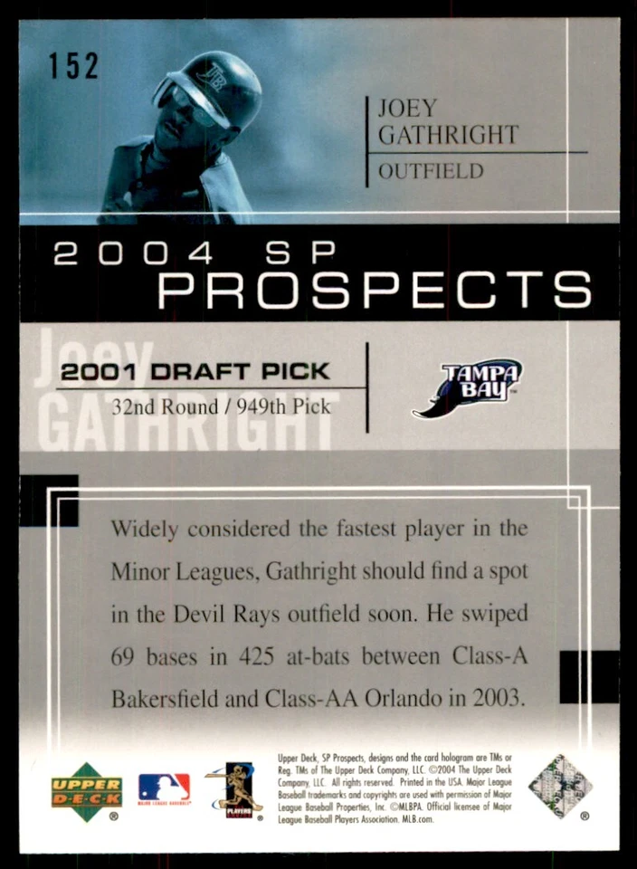 2004 UPPER DECK SP PROSPECTS JOEY GATHRIGHT TAMPA BAY DEVIL RAYS #152 - Image 2 of 2