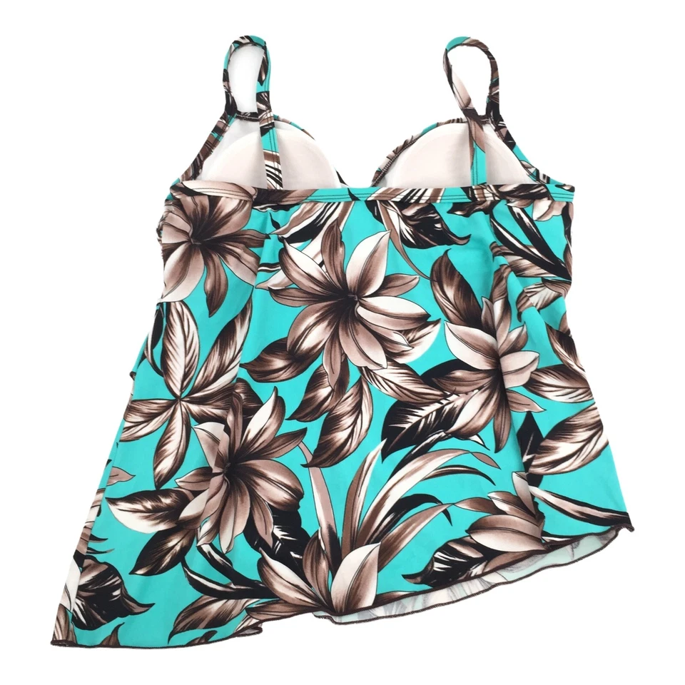 Caribbean Joe Tankini Traje de Baño Bikini Camiseta sin Mangas Grande Azul Teal Marrón Floral Natación Foto 2 de 4