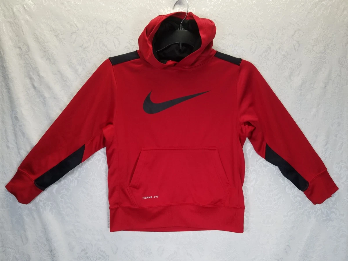 NIKE THERMA FIT Boys SMALL Red Hoodie Black Logo Fleece Pullover Sweatshirt