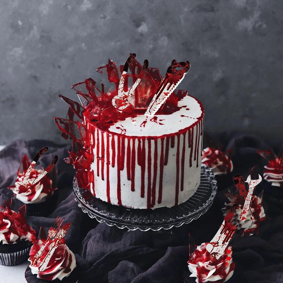 mdgfge Halloween Cupcake Toppers Wrappers Kit Bloody Zombie Hand Knife