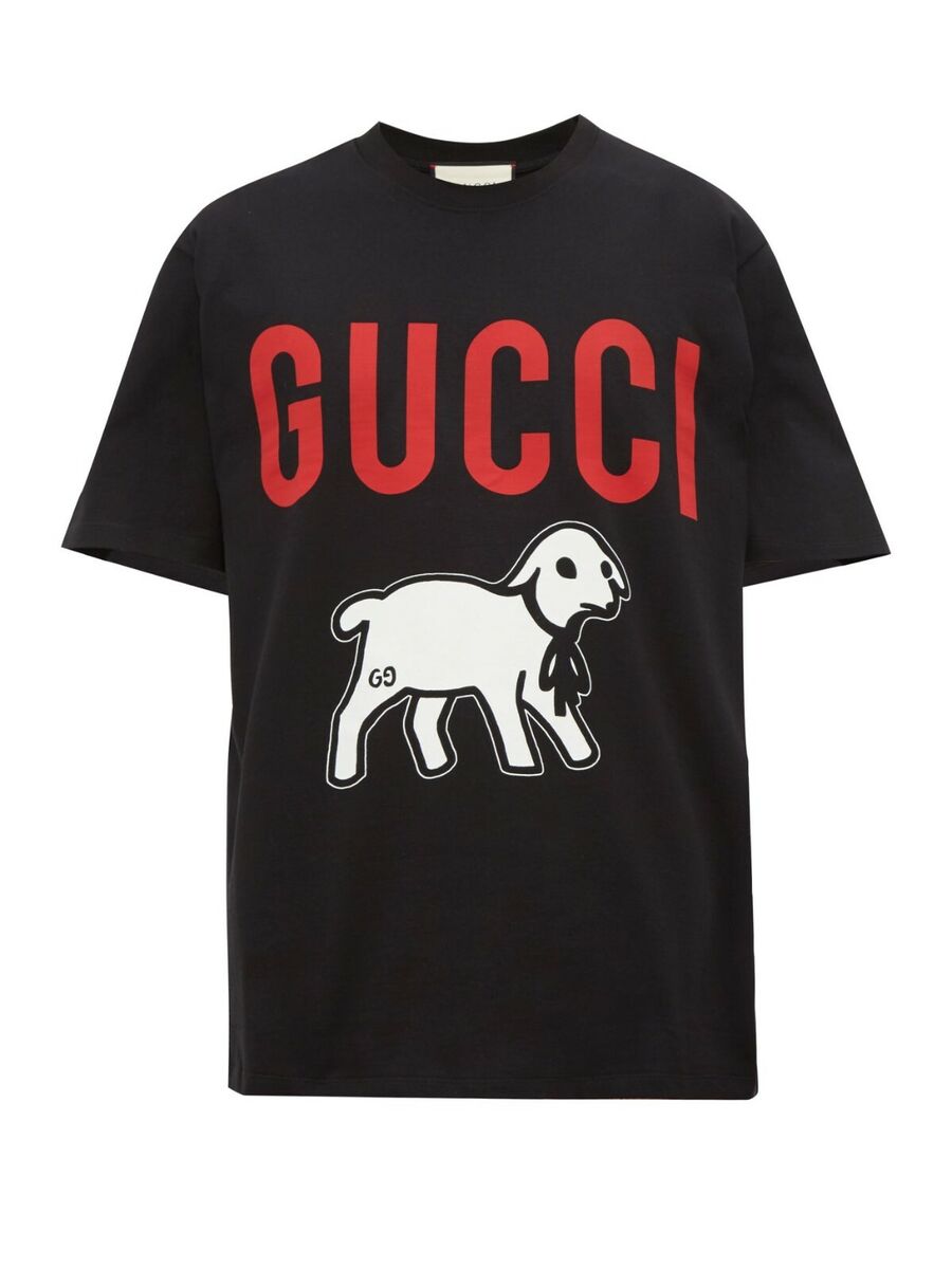 marrón cebra Tomar un baño Camiseta negra de gran tamaño con estampado de cordero de Gucci | eBay