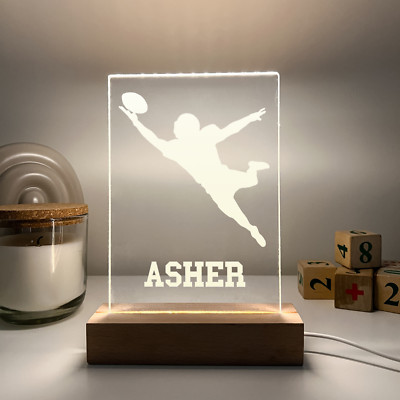 Personalized LED Light Up Desk Lamp Wooden Stand Football Athlete Warner Gift