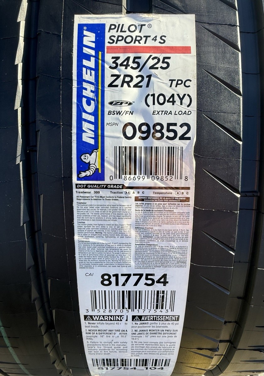 ONE BRAND NEW 345/25ZR21 Michelin Pilot Sport 4S ZP Run Flat Tire