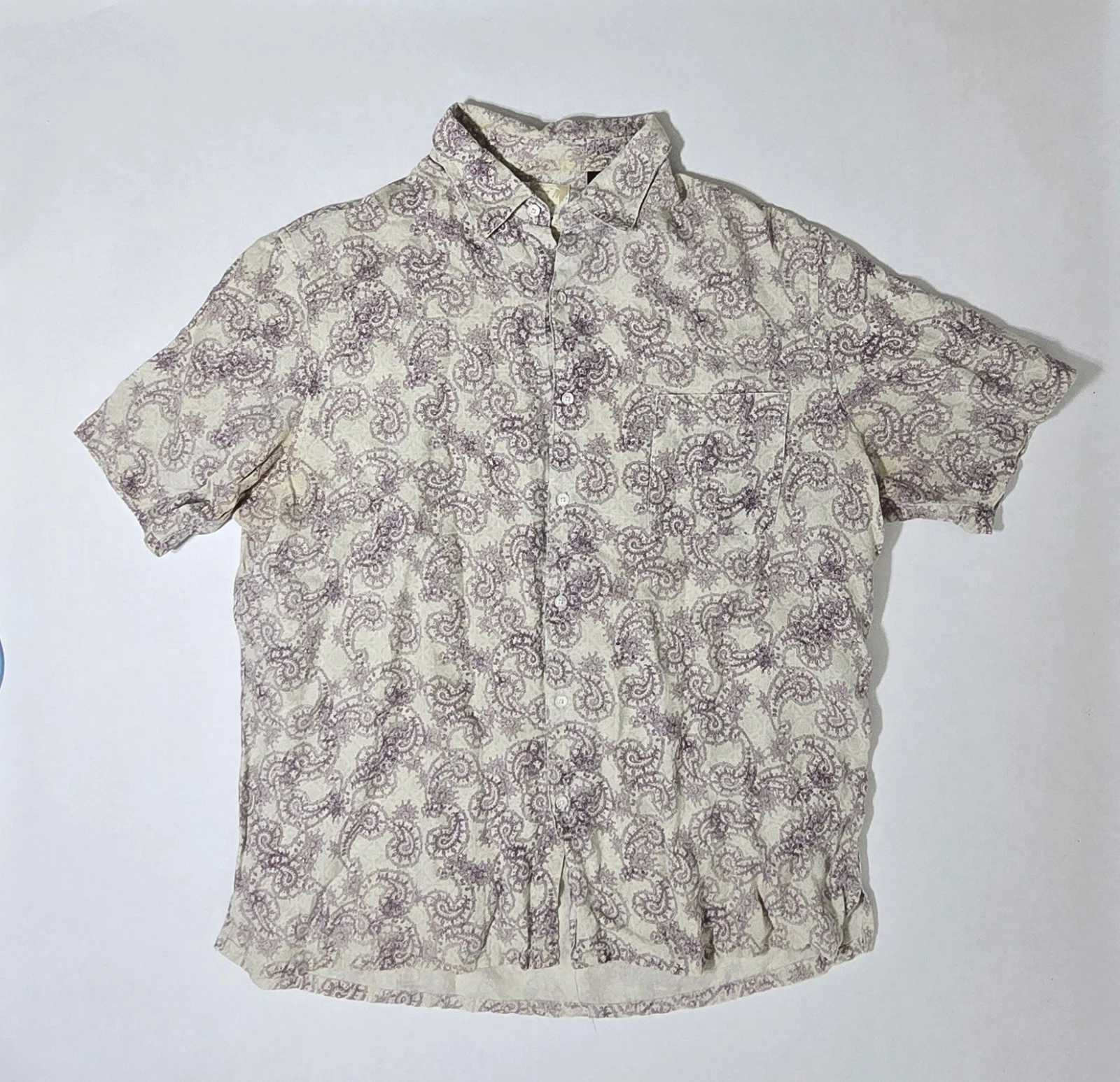Tasso Elba Silk / Linen Blend Beige & Purple Short Sleeve Shirt Paisley Mens XL