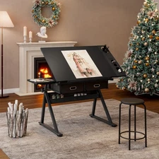 Adjustable Drawing Drafting Table Desk with 2 Drawers & Stool For Home Office
