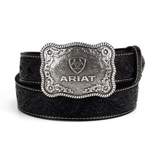 ARIAT Men's Floral Embossed Leather Belt with Antiqued Silver Buckle Black 34
