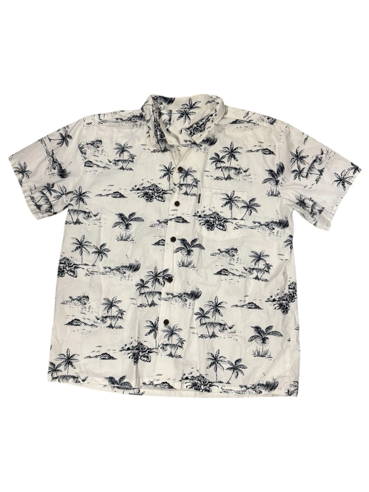 Palmwave Hawaii Mens Hawaiian Shirt Size XL White Palm Trees Wood Buttons Pocket