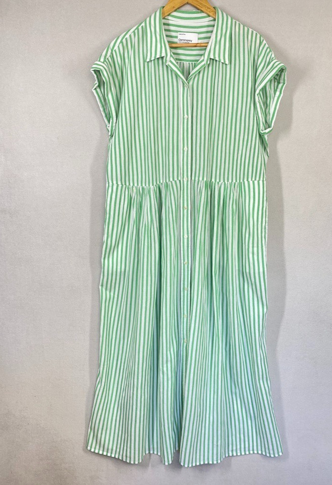 Commonry shirt dress 18 100% cotton maxi green white stripes pockets
