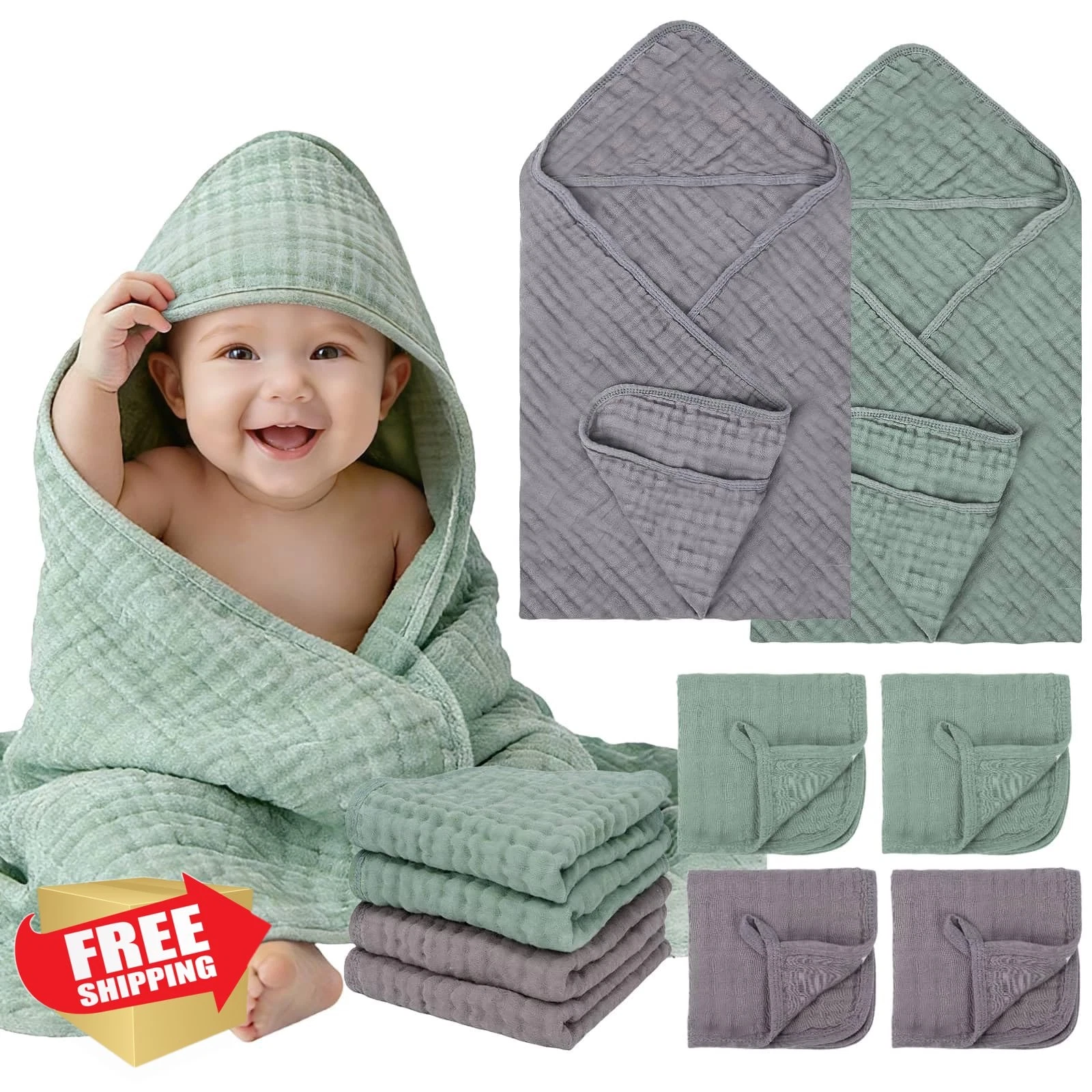 Flasoo 6pc Muslin Hooded Baby Bath Towels Green Gray