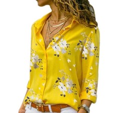 Womens Button Down Shirt Loose Blouse Ladies Long Sleeve Office Work Tops Slim