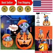 5 FT Outdoor Halloween Inflatable with Cat on Pumpkin and LEDs - Safe Decor