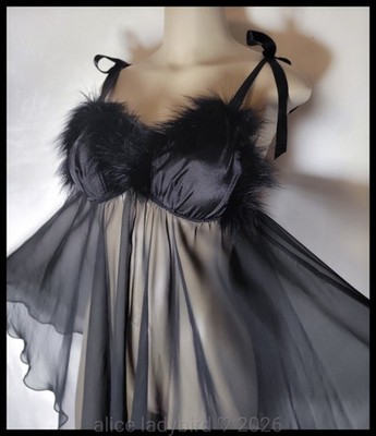 TWIRLY Vintage VICTORIA'S SECRET Sheer BABYDOLL Marabou Fembot  MINI Dress M/L 