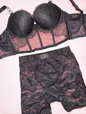 Victoria's Secret 36D CORSET TOP BRA SET XL SHORTS panty BLACK lace SHINE STRAP