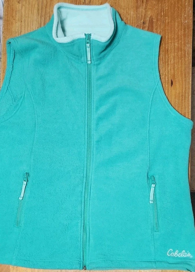 🔥 Cabela's Sleeveless Vest Mens XL Full Zip Fleece Jacket Green/Blue Pockets