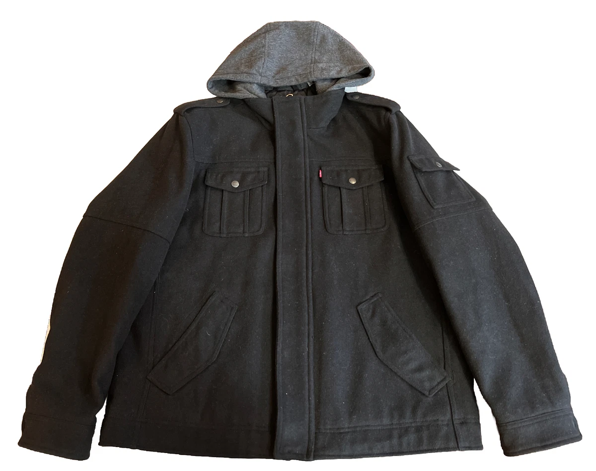 Levis Mens Polyester Blend Hooded Full Zip Jacket Coat Size XL Gray Black