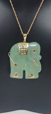Grüne Jade Elefant Rubin Auge 14K Gelbgold Anhänger mit 18'' Seil Kette.