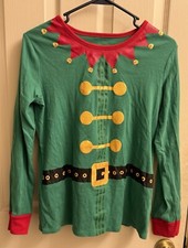 Elf Holiday Tee Long Sleeve Fitted Christmas Shirt Festive Green Pajama Top