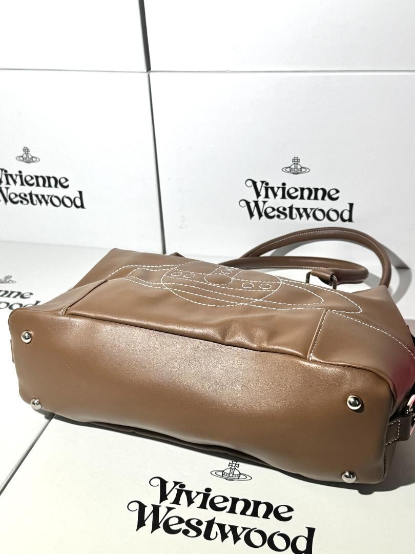 Vivienne Westwood White Stitch Tote Bag Handbag Brown Orb