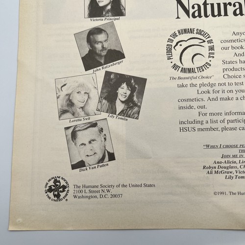 Humane Society 1991 Vtg Print Ad 10"x12" beautiful people Lily Tomlin Ali McGraw - Picture 2 of 2