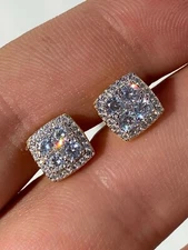 Real Mens Solid 925 Silver CZ Iced Hip Hop Earrings Studs 14k Gold Plated Square