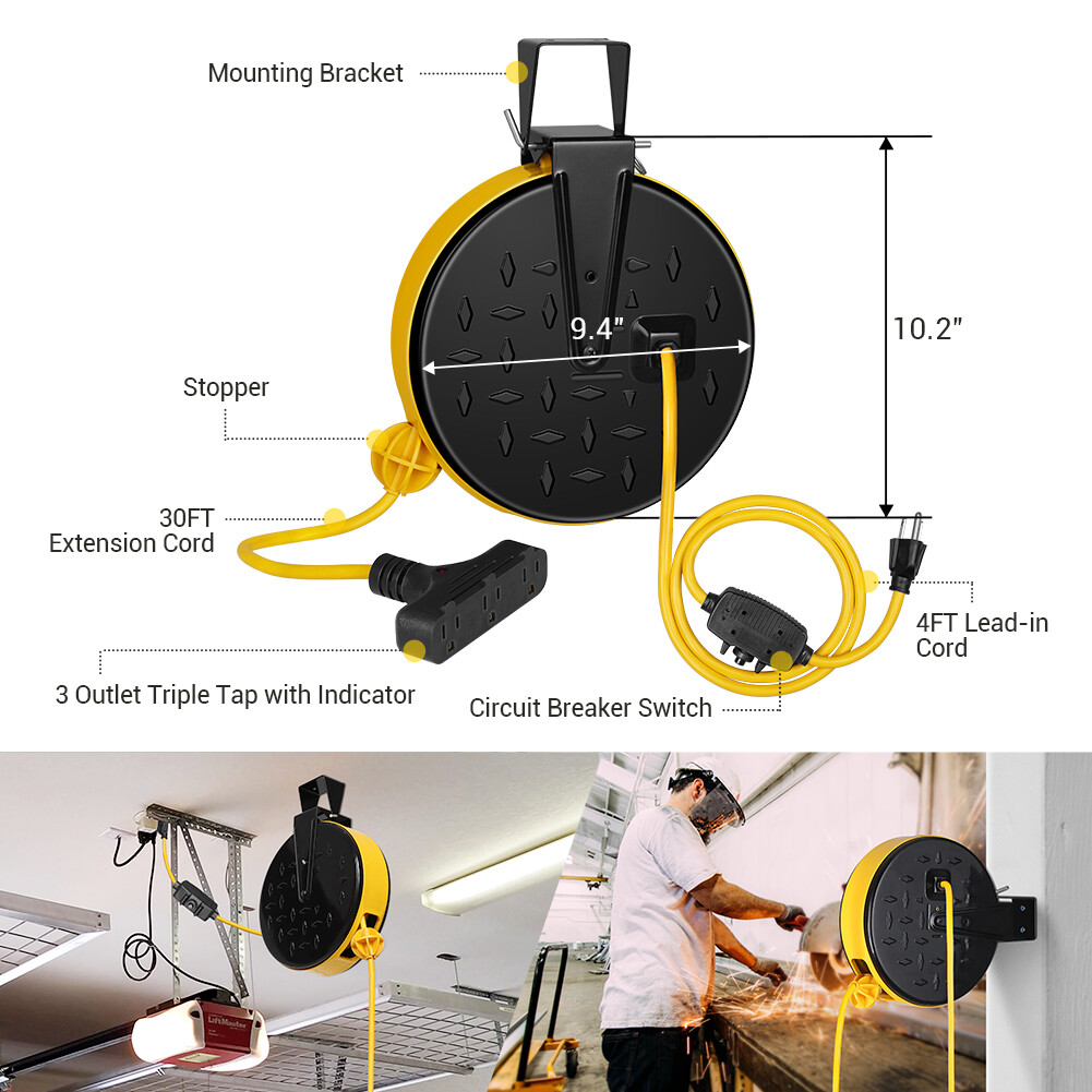 DEWENWILS 30 Ft Retractable Extension Cord Reel 16/3 Gauge SJTW Power Cord