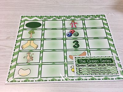 The Green Series - Vowel E Work Mats (20 cards-2 Laminated WorkMats) Montessori
