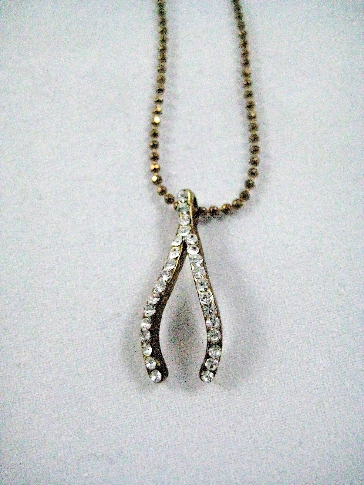 Antique Bronze Wishbone Necklace with Rhinestone Studded Charm for Good Luck-image