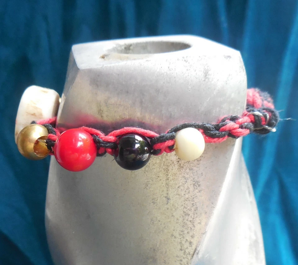 Red Abalone Shell Elk Antler Black Hemp Adjustable Bracelet Anklet w/ Onyx Beads - Image 3 of 4