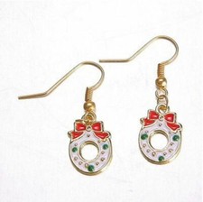 Cute Yellow Gold White Enamel Christmas Wreath Charm Hook Dangle Drop Earrings