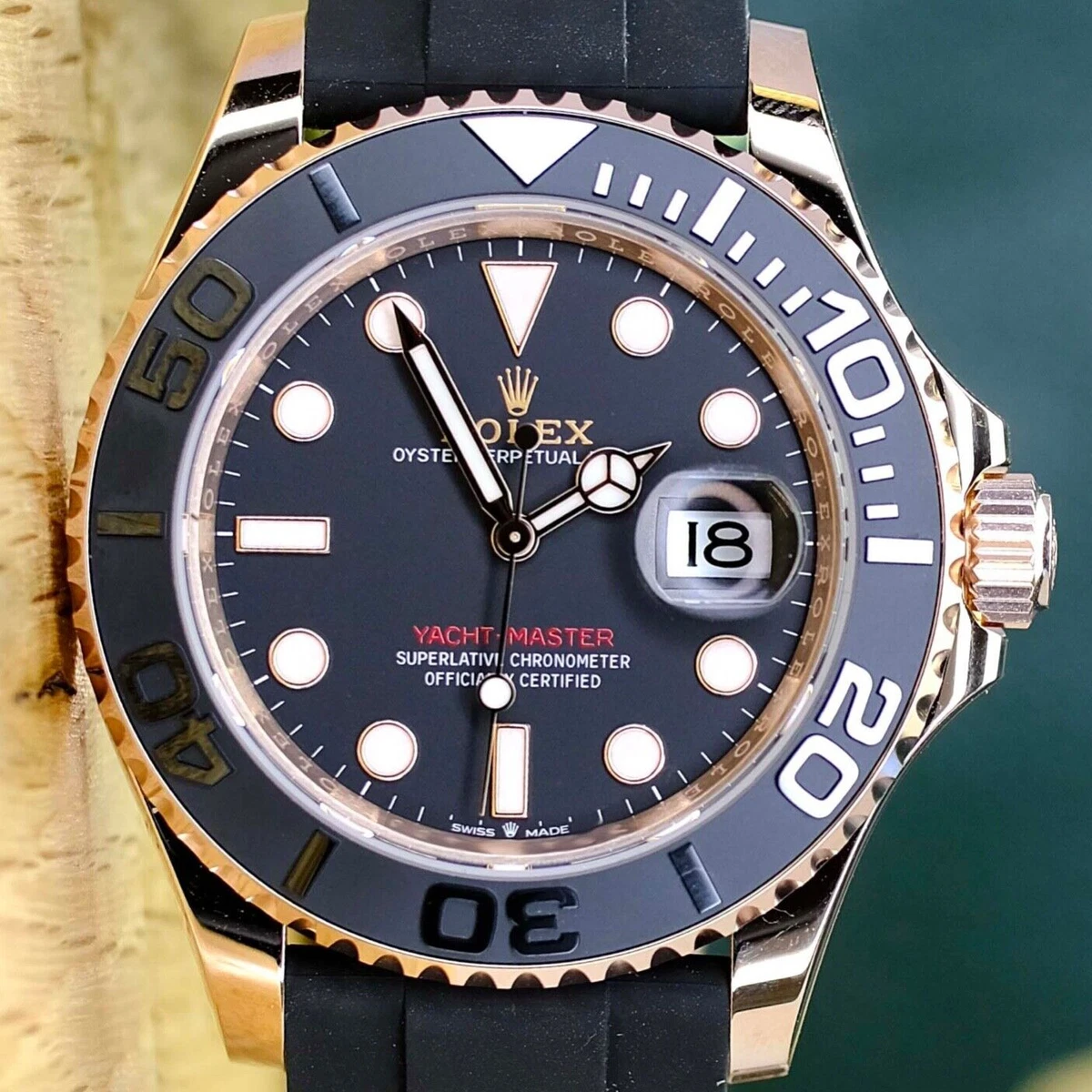 ROLEX YACHTMASTER WATCH 126555 18K ROSE GOLD BLACK DIAL OYSTER