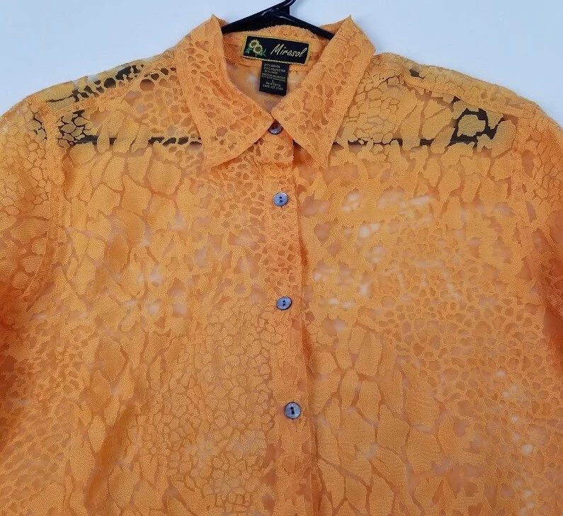 Camisa Mirasol Abotonada Mujer Grande Naranja Estampado Animal Transparente Mangas 3/4 Delgada Foto 2 de 4
