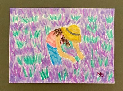 Woman Picking Lavender Original ACEO Painting Blooming Lavender Field Art Lilac