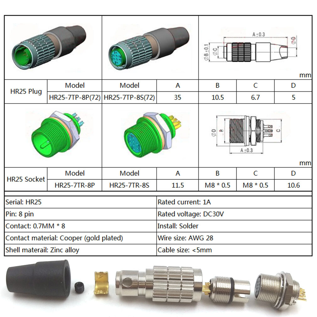 Hirose 8 Pin HR25-7TP-8P(72) Connector for Cameras replacement for