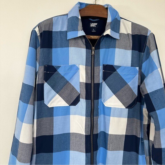 Lands End Mens Large 42 44 Blue Flannel Plaid Thermal Lined Shirt