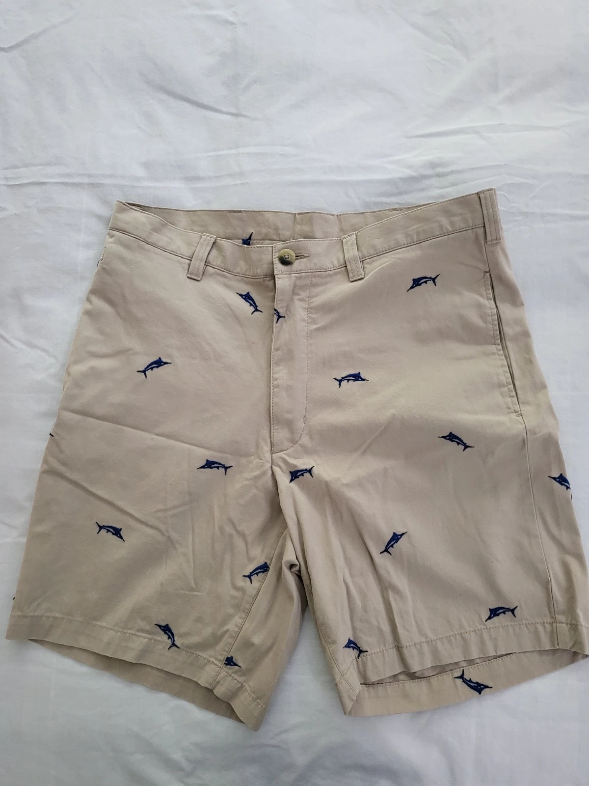 Hook & Tackle Chino Shorts Mens 36 Embroidered Marlin Fish Khaki