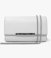 White Small Crossbody Clutch Bag Snap Closure Silver Chain Detachable Strap